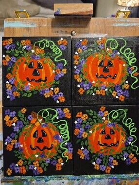 Hand-Painted Pumpkin Quartet Canvas Set - Bright Halloween Colors 5"×5" Apiece